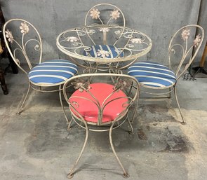 Outdoor Wrought Iron Floral Pattern Glass-top Table And Chair Set - MISSING GLASS-TOP