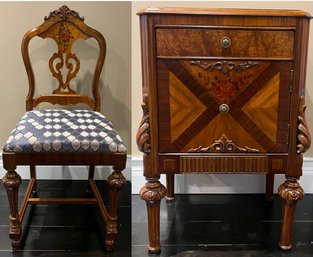 Vintage Hand Painted Wooden Upholstered Chair With Side Table - 2 Piece Lot