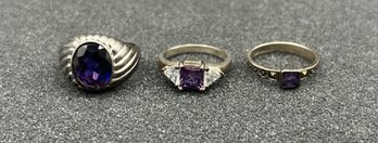 925 Silver Amethyst Gemstone Rings - 3 Total - .43 OZT Total