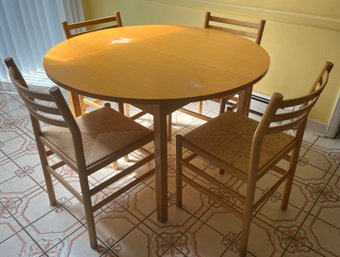 Solid Wood Round Dining Table With 4 Wooden Dining Chairs - Leaf Included