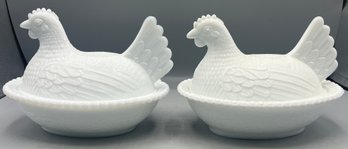 Indiana Glass Co. Milk Glass Nesting Hen Covered Bowl Set - 2 Total