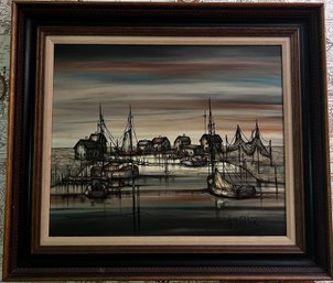 Hugo Casar Signed Harbor Scene Oil On Canvas