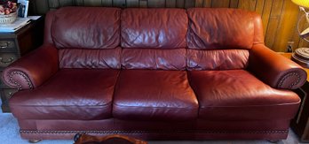 Maroon Leather 3 Cushion Sofa With Rivets