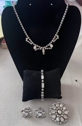 Weiss Rhinestone Necklace, Bracelet, Clip On Earrings & Brooch