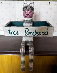 Novelty Free Bird Seed Hand Carved Wood Cat Shelf Sitter Tray