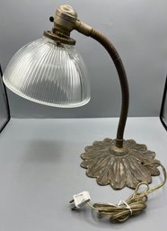Rare Art Deco Industrial Gooseneck Flower Pattern Brass/glass Table Lamp