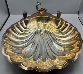 Decorative Silver Plated Shell Shaped Serving Bowl With Candlestick Holders