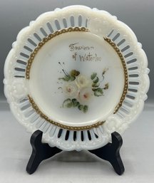 Vintage Hand Painted Opaline Milk Glass Plate - Souvenir Of Waterloo