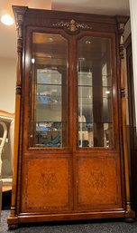 Italian Marquetry Inlaid Solid Wood Lighted Curio Cabinet - Key Not Included