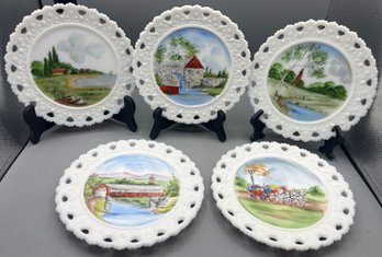 Hand Painted Milk Glass Plate Set - 5 Total