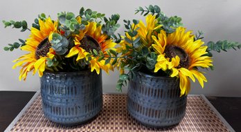 Faux Sunflowers In Ceramic Vases- Pair