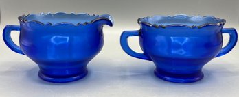 LE Smith Co. Mt Pleasant Double Shield Cobalt Blue Glass Sugar Bowl And Creamer Set - 2 Pieces Total