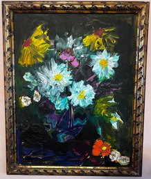 Floral Oil On Canvas With Fabric Squares