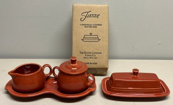 Homer Laughlin China Co Fiesta Ceramic Glazed Butter Dish / Sugar Bowl & Creamer Set - 3 Pieces Total