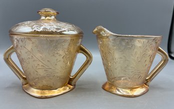 Jeanette Glass Co. Floragold Pattern Sugar Bowl And Creamer Set - 2 Pieces Total