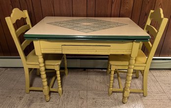 Vintage Metal Enamel Top Extension Table With Drawer &  4 Wooden Chairs