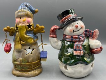 Decorative Holiday Snowman Ceramic Tea Light Holders - 2 Total