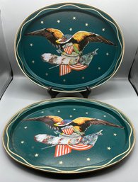 Hand Painted American Eagle Pattern Metal Serving Trays - 2 Total