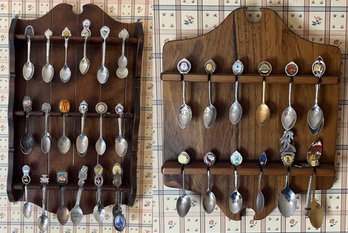 Assorted Collectible Spoons With Wooden Spoon Holder Racks - 2 Racks Total