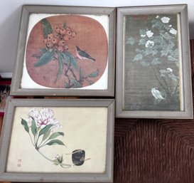 3 Framed Asian Style Pictures Of Birds & Flowers