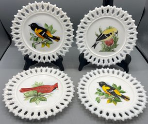 Hand Painted Milk Glass Bird Pattern Plates - 4 Total