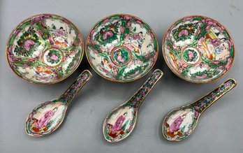 Vintage P.C.T Hand Painted Japanese Porcelain-Ware Soup Bowl & Spoon Set - 3 Sets Total - Made In Hong Kong