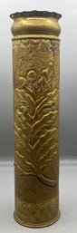 Vintage Brass Embossed Artillery Shell Floral Pattern Converted Vase