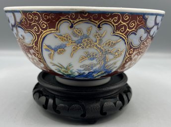 Arte Cinese Hand Painted Chinese Ceramic Bowl With Carved Wooden Stand