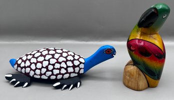 Turtle & Parrot Hand Painted Wooden Figurines- Made In Mexico