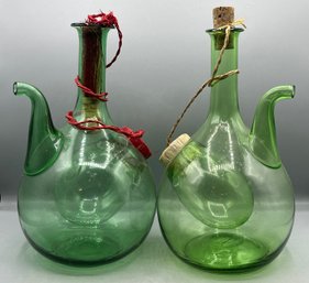 Green MCM Hand Blow Glass Wine Decanters With Ice Chamber - 2 Piece Lot