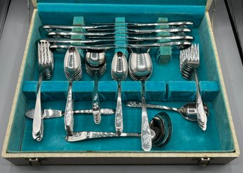 Decoetched Stainless Steel Floral Pattern Flatware Set - 55 Pieces Total With Case Included