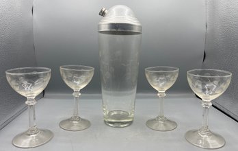 Etched Glass Cocktail Shaker & Goblet Set - 6 Pieces Total