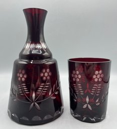 Bohemian Ruby Red Cut Glass Bedside Carafe With Cup Set - 2 Total