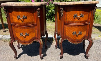 Vintage Louis XV French Provincial Style Solid Wood Inlaid Pattern Marble-top 2-drawer Nightstands - 2 Total