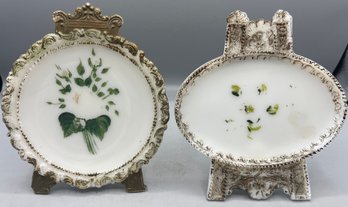 Antique Hand Painted Milk Glass Picture Frame Style Plates - 2 Total