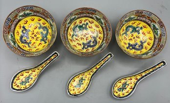 Vintage P.C.T Hand Painted Japanese Porcelain-ware Soup Bowl & Spoon Set - 3 Sets Total - Made In Hong Kong