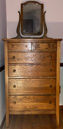 Antique Solid Wood 6-drawer Chest With Attached Mirror