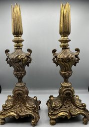 Brass Tone Candlestick Style Lamp Bases - 2 Total