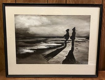 Vintage Artist Signed Watercolor Art Framed - Silhouettes On The Beach