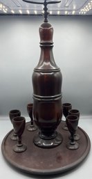 Wooden Decanter / Serving Tray & Cordial Set - 9 Pieces Total