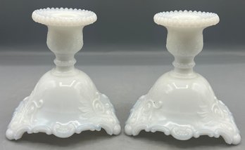 Westmoreland Milk Glass Scroll And Lace Pattern Candlestick Holders - 2 Total