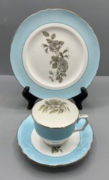 Crown Staffordshire Fine Bone China Gray Blossoms Pattern Tea Cup Set - 3 Pieces Total - Made In England