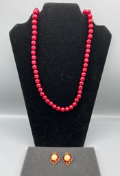 Vintage Red Beaded Necklace & Matching Earring Set