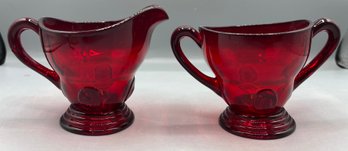 Martinsville Co. Ruby Red Glass Moondrops Pattern Sugar Bowl And Creamer Set - 2 Pieces Total