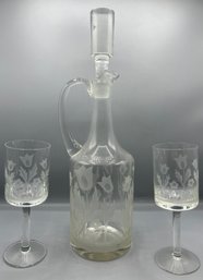 Etched Floral Pattern Glass Decanter & Stemware Set - 7 Piece Set