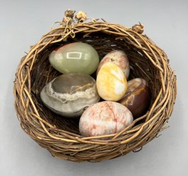 Alabaster Eggs With Wicker Basket - 6 Total