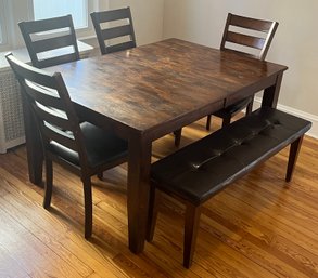 Solid Wood Dining Table With 4 Chairs / Cushioned Bench & Built-in Leaf
