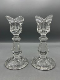 Cut Glass Floral Style Candlestick Holders - 2 Total