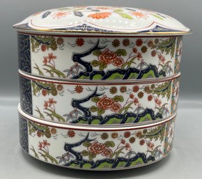 Hand Painted Porcelain Bowl Set - 3 Total - 1 Lid Included