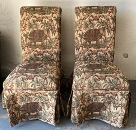 Custom Upholstered Elephant Pattern Slipper Chairs - 2 Total